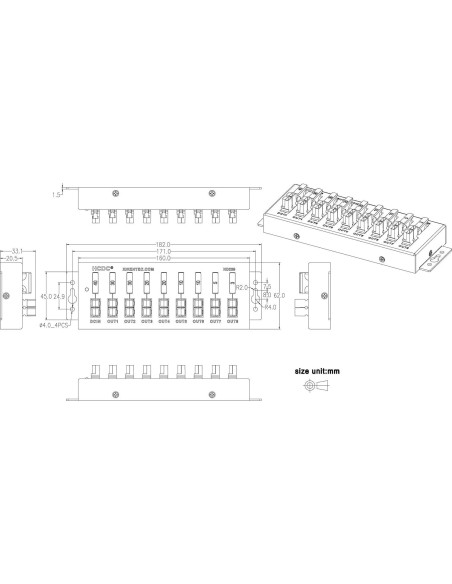 Módulo de Distribución HCDC 1 en 8 40A con LED y Fusibles