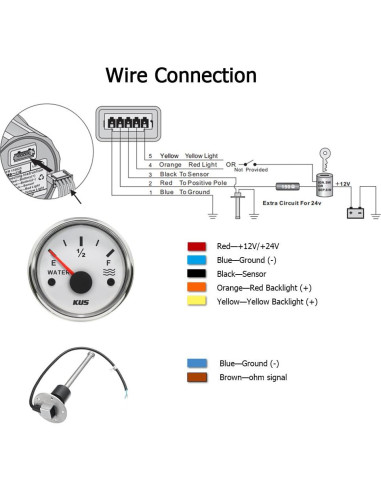 Medidor de Nivel de Agua KUS 52mm 12V/24V IP67 Retroiluminado