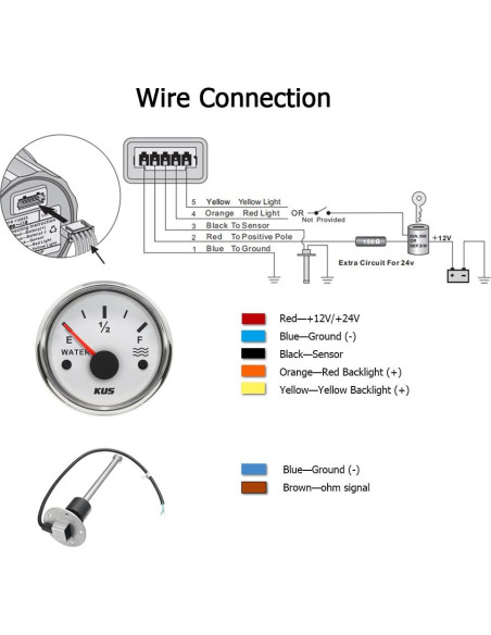 Medidor de Nivel de Agua KUS 52mm 12V/24V IP67 Retroiluminado