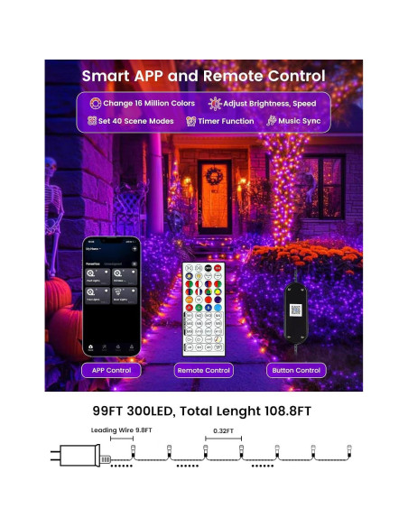 Cadena de Luces LED RGB 300 LED 33.2m Control Remoto APP