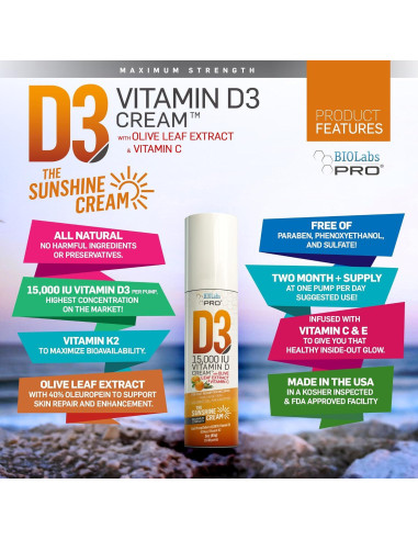 Crema de Vitamina D3 15000UI BIOLABS PRO - 85g - Natural