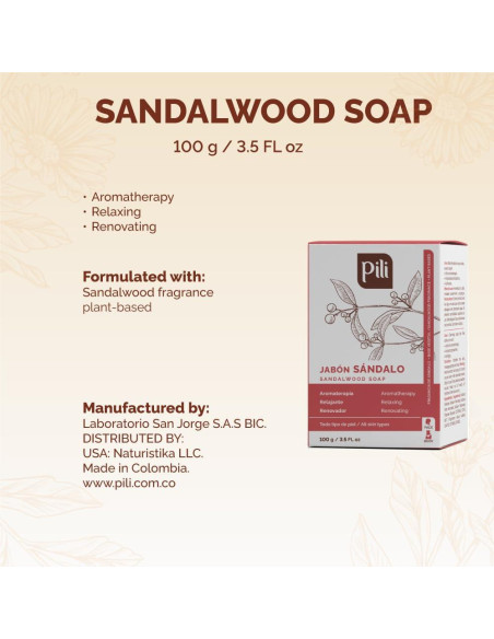 Jabón Natural de Sándalo Pili - Paquete de 3 x 99g