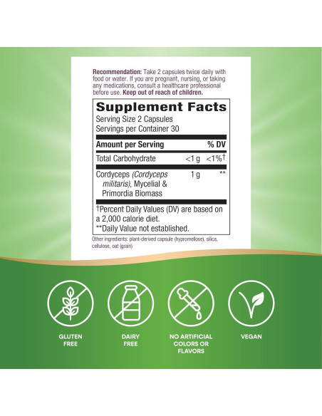 Cordyceps Premium Nature's Way 1000 mg 60 cápsulas veganas