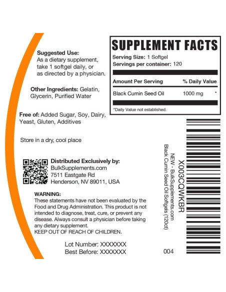 Aceite de Semilla de Comino Negro BulkSupplements 1000mg 120 Softgels