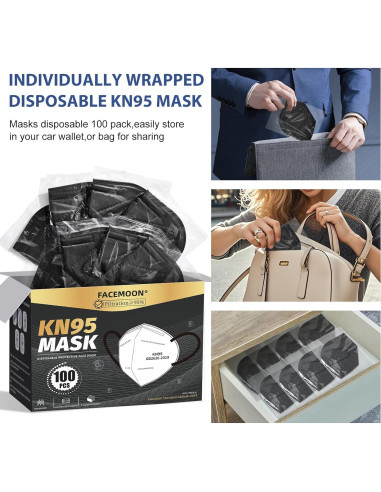 Mascarillas KN95 Negras Adulto - Paquete 100 Unidades 5 Capas