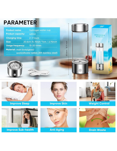 Botella de Agua de Hidrógeno YONGKANG 420ml Libre BPA Plata