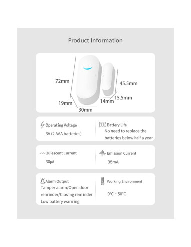 Sensor Inalámbrico de Puerta y Ventana Tuya 2-Pack, Alarma WiFi