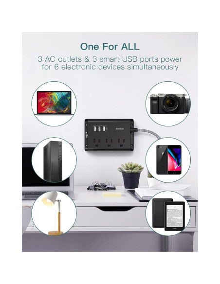 Regleta de Poder Addtam 3 Enchufes y 3 USB 1.52m Negro