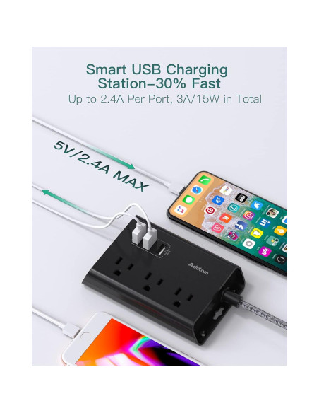 Regleta de Poder Addtam 3 Enchufes y 3 USB 1.52m Negro