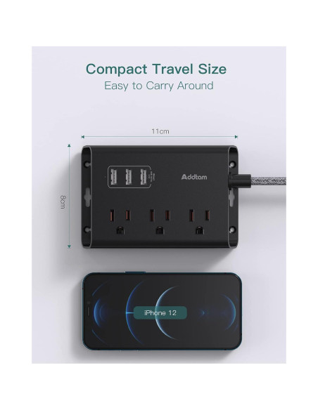 Regleta de Poder Addtam 3 Enchufes y 3 USB 1.52m Negro