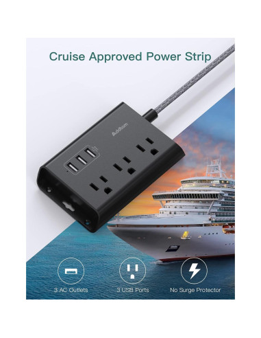 Regleta de Poder Addtam 3 Enchufes y 3 USB 1.52m Negro