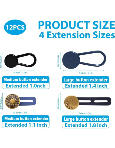 12 Extensores de Botón para Pantalones Rukinovi - Ajuste 2.54 a 3.56 cm