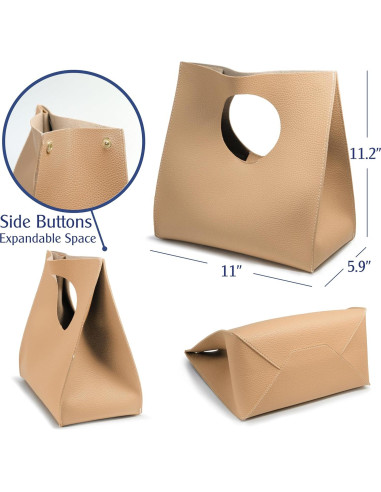 Bolso de Mano HOXIS Minimalista Vintage de Cuero PU Nude 28.4x27.9x15 cm