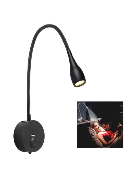 Luz de Lectura LED Rayefo Regulable con Cargador USB Negro