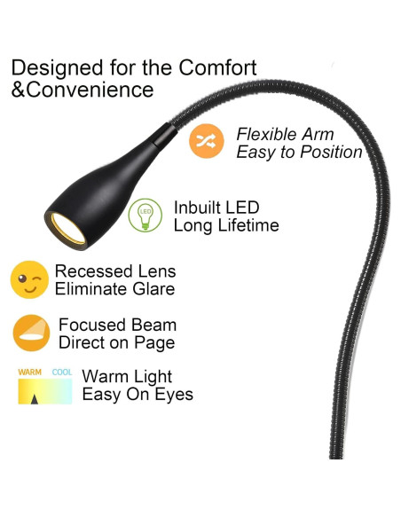 Luz de Lectura LED Rayefo Regulable con Cargador USB Negro