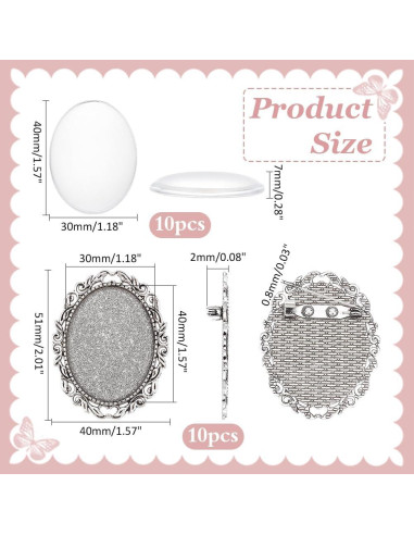 10 Sets Broche Cabochon Ovalado PH PandaHall 51x40 mm Plata
