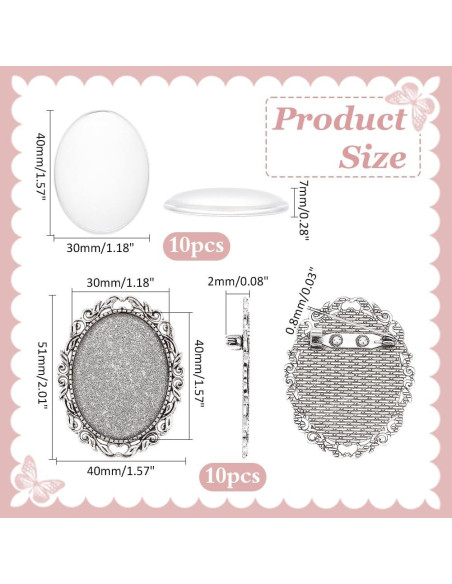 10 Sets Broche Cabochon Ovalado PH PandaHall 51x40 mm Plata