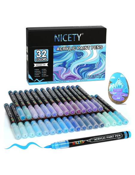 Marcadores Acrílicos NICETY 32 Colores Azul Punta de Pincel