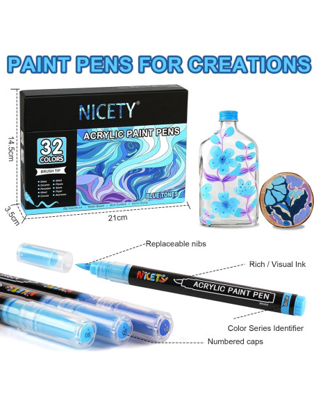 Marcadores Acrílicos NICETY 32 Colores Azul Punta de Pincel