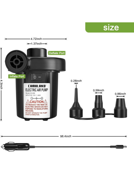 Bomba de Aire Eléctrica CAMULAND 12V con 3 Boquillas