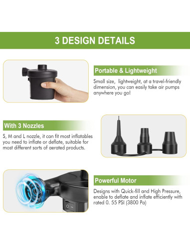 Bomba de Aire Eléctrica CAMULAND 12V con 3 Boquillas