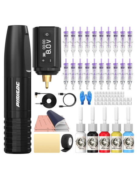 Kit de Tatuaje Inalámbrico Padieoe con 20 Agujas y Batería 1200mAh