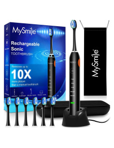 Cepillo de dientes eléctrico MySmile negro, 48000 VPM, 6 cabezales