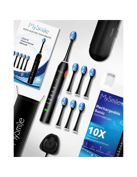 Cepillo de dientes eléctrico MySmile negro, 48000 VPM, 6 cabezales