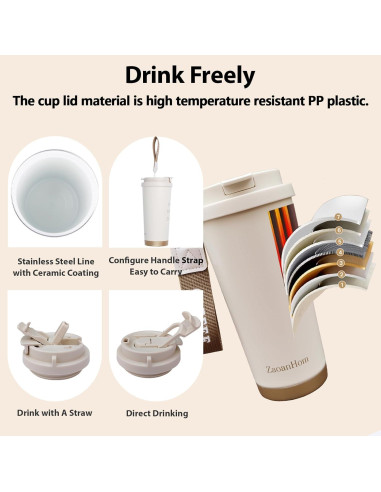 Taza de Café Aislada ZaoanHom 532 ml Blanca con Tapa a Prueba de Fugas