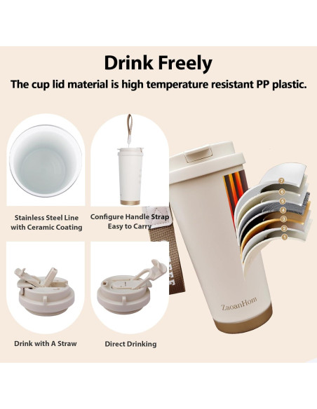 Taza de Café Aislada ZaoanHom 532 ml Blanca con Tapa a Prueba de Fugas