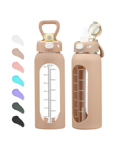 Botella de Agua de Vidrio SIEROZUR 32oz con Popote y Asa