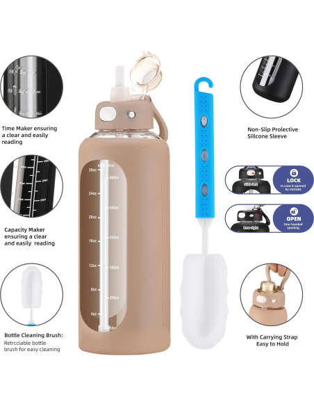 Botella de Agua de Vidrio SIEROZUR 32oz con Popote y Asa