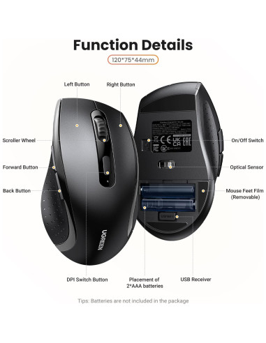 Ratón Inalámbrico Ergonómico UGREEN 2.4GHz 1600 DPI USB
