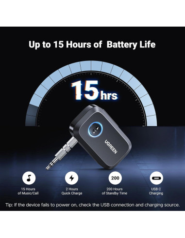 Adaptador Bluetooth UGREEN 5.4 Aux 3.5mm para Coche - 15H Batería