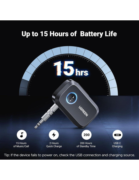 Adaptador Bluetooth UGREEN 5.4 Aux 3.5mm para Coche - 15H Batería