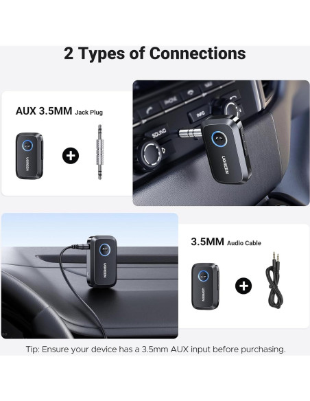 Adaptador Bluetooth UGREEN 5.4 Aux 3.5mm para Coche - 15H Batería