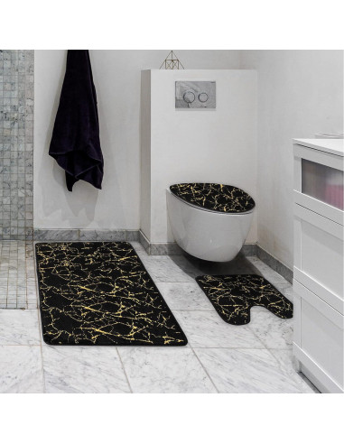 Juego de 3 Alfombrillas de Baño Antideslizantes Eanpet Mármol Negro Dorado