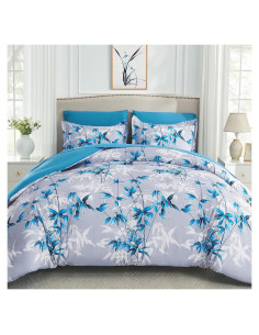 Juego de Edredón Reina LXWORX 7 Piezas Azul Hoja Botánica