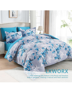 Juego de Edredón Reina LXWORX 7 Piezas Azul Hoja Botánica 2