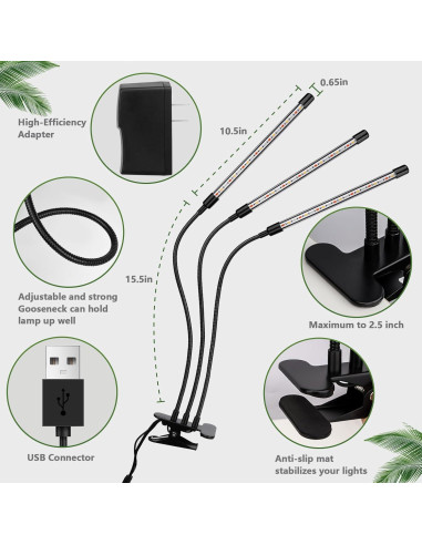 Luz de Cultivo LED Zyzykeji 3 Cabezas Espectro Completo 10 Niveles