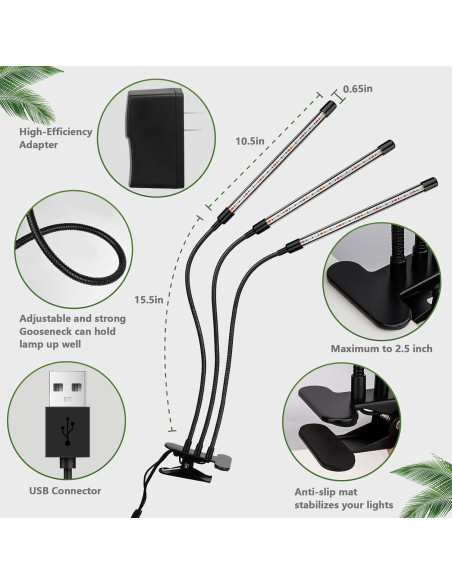 Luz de Cultivo LED Zyzykeji 3 Cabezas Espectro Completo 10 Niveles Luz de Cultivo LED Zyzykeji 3 Cabezas Espectro Completo 10 Niveles