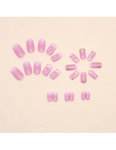 Uñas Postizas Punta Francesa Rosa Brillo Gradiente 24 Piezas