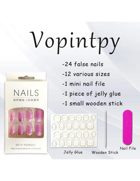 Uñas Postizas Punta Francesa Rosa Brillo Gradiente 24 Piezas