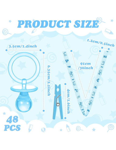 48 Sets Collares de Chupetes Coume para Baby Shower Azul