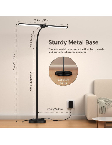 Lámpara de Pie LED VrimNowit Doble Cabezal Ajustable 149.9cm