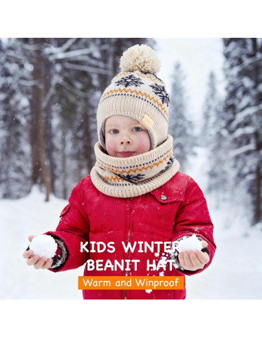Gorro Beanie para Niños con Orejeras y Bufanda Beige