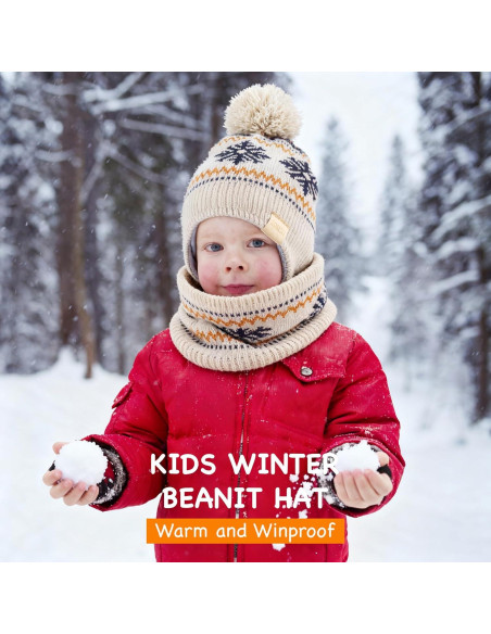 Gorro Beanie para Niños con Orejeras y Bufanda Beige