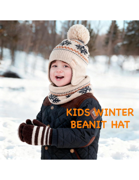 Gorro Beanie para Niños con Orejeras y Bufanda Beige