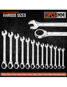 Juego de Llaves de Carraca 13 Piezas HORUSDY Acero 6-19mm 2