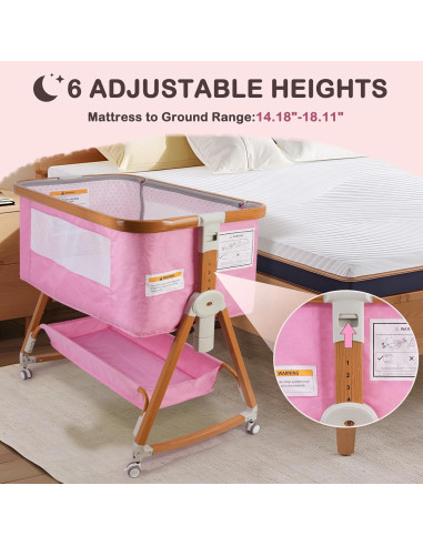 Cuna 4 en 1 BIERUM Rosa Ajustable 6 Alturas con Ruedas